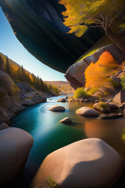 Aerial view of a river and rocks around