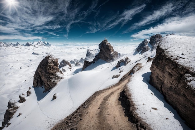 aerial view of a river running through a mountain valley with snow covered mountains