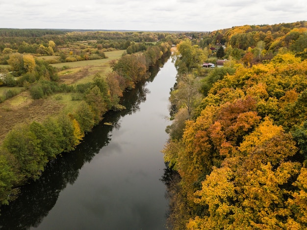 Aerial view of river Snov in autumn near village of Sednev, Chernihiv region, Ukraine