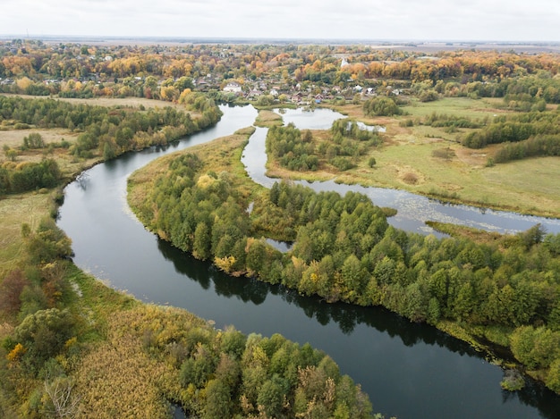 Aerial view of river Snov in autumn near village of Sednev, Chernihiv region, Ukraine.