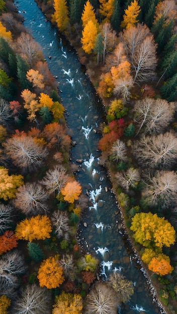 Photo aerial view of river stream through autumn forest