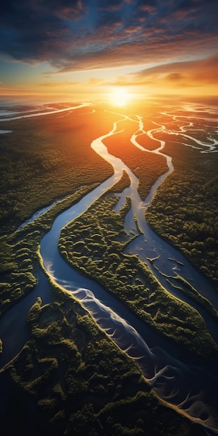 Aerial View Of A River At Sunset An Art Nouveauinspired Marana