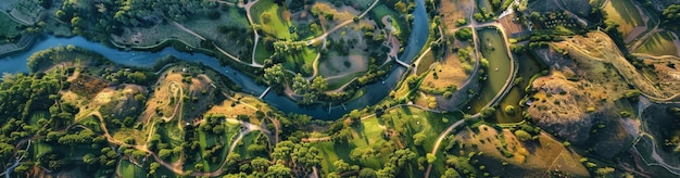 Photo an aerial view of a river winding its way through a lush green forest and fields the water is