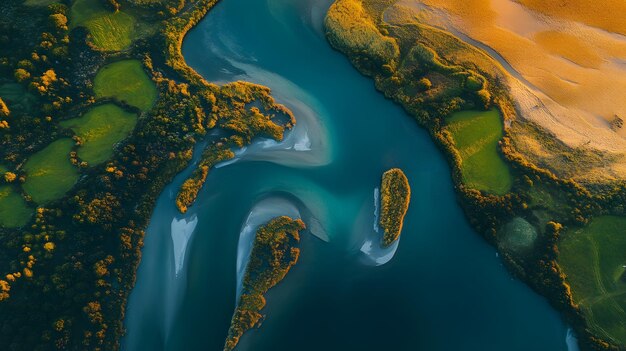 Photo aerial view of a river winding through lush green foliage