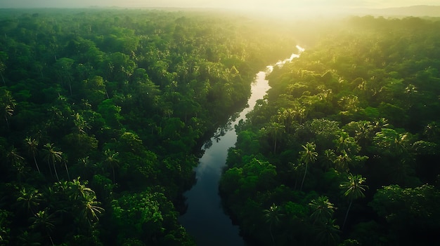 Photo aerial view of a river winding through a lush green rainforest sunlight beams down on the water illuminating the canopy