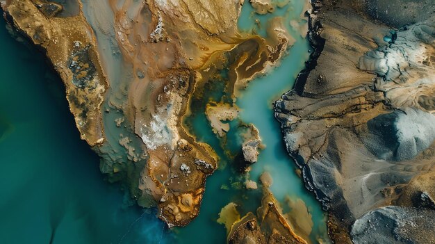 Aerial view of a river winding through a rocky landscape