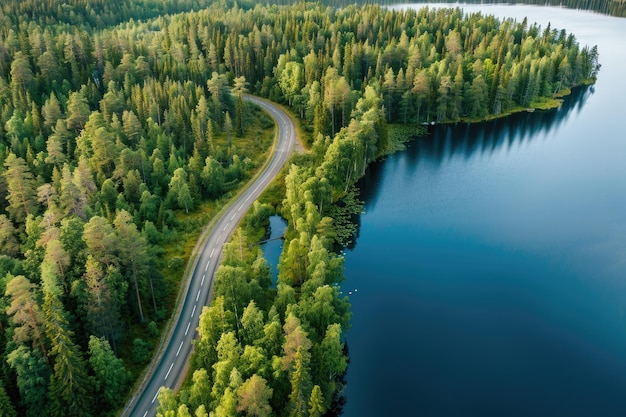 Aerial view of road in Finnish summer landscape