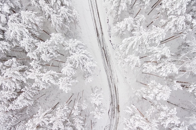 Aerial view on the road and forest at the winter time. Snowy forest, natural winter landscape.