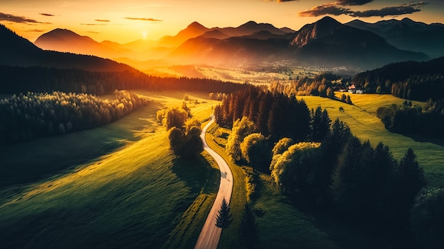 aerial view of road in green meadows at sunset