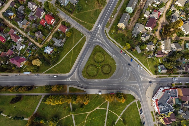 Aerial view of road interchange or highway intersection Junction network of transportation taken by drone