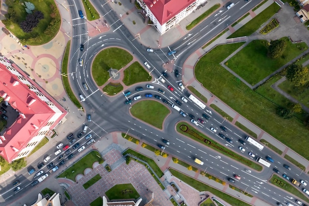 Aerial view of road interchange or highway intersection Junction network of transportation taken by drone