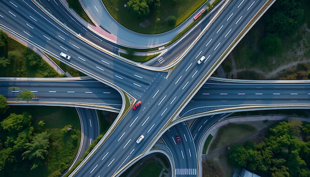 Photo aerial view of a road intersection and a multilane highway with cars driving isolated with white