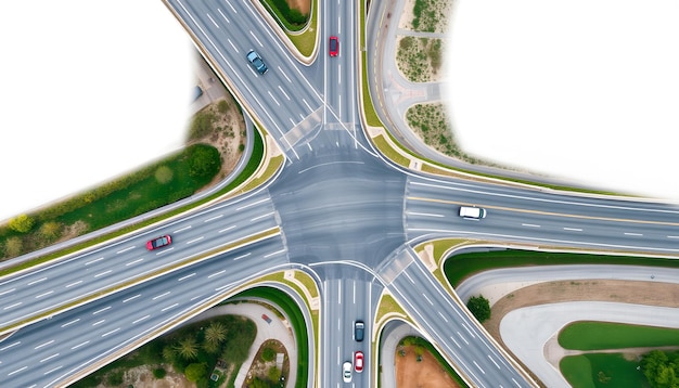 Photo aerial view of a road intersection and a multilane highway with cars driving isolated with white