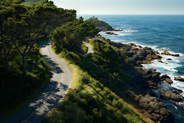 Aerial view of a road leading to the sea in summer