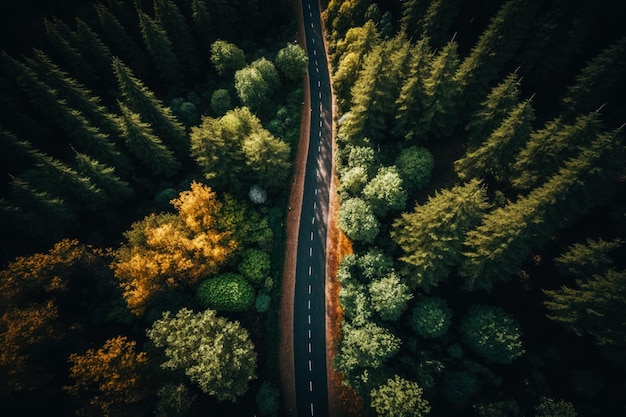 An aerial view of road in the middle of forest Generative AI