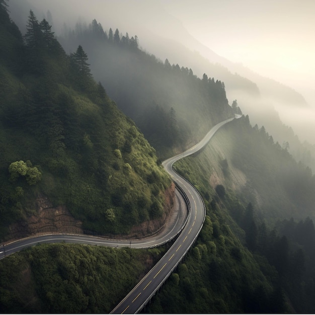 Aerial view of a road in the mountains with fog in the morning