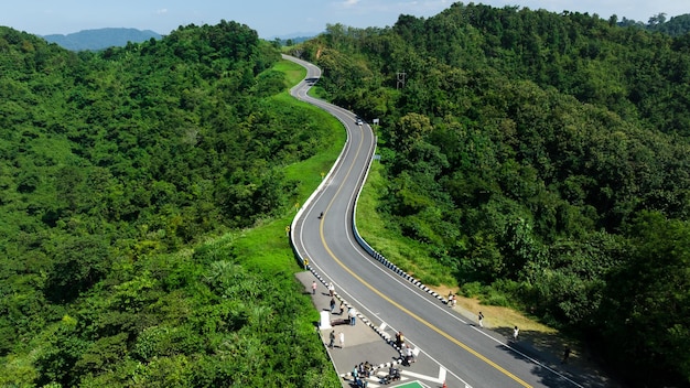 Aerial view ROAD No1081 or shape number three of winding mountain road between Pua District Nan