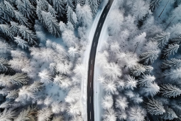 Aerial view of a road in a snowy forest with trees generative ai