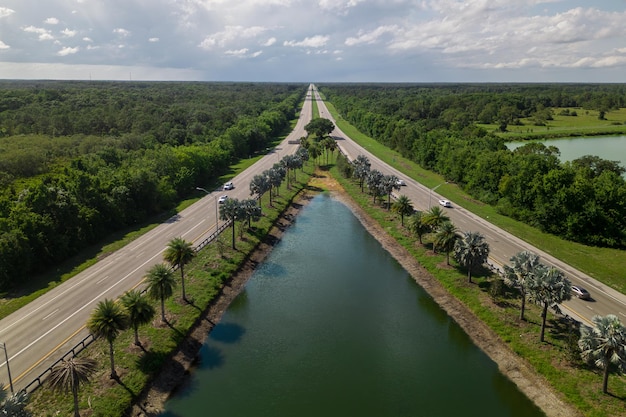 Aerial view of a road that goes through the forest