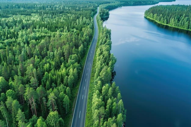 Aerial view of road through Finnish forest and lake