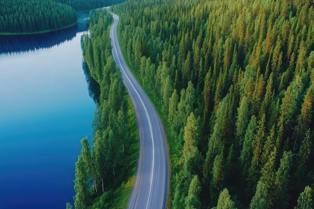 Aerial view of road through Finnish forest and lake