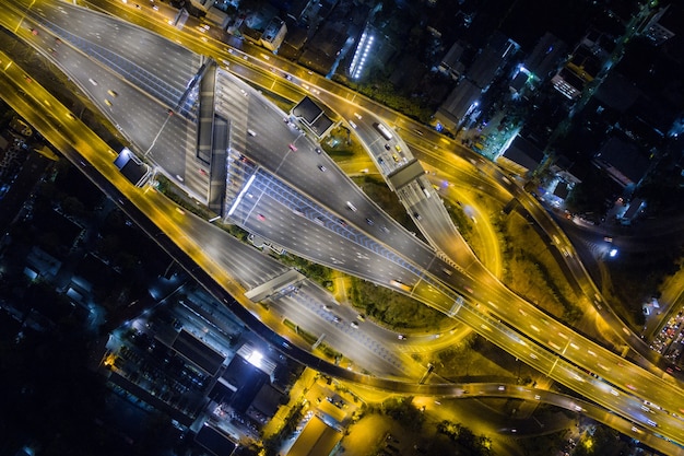 aerial view road traffic transportation and city in Bangkok at night