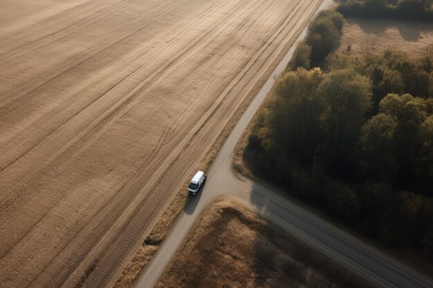 Aerial view of a road with a car on it