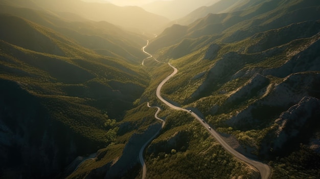 Aerial view of a road with mountains in the background