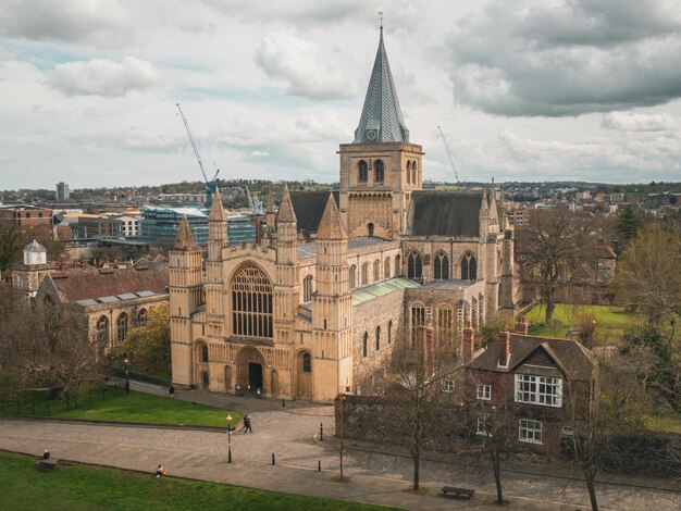 Aerial view of rochester cathedral in spring