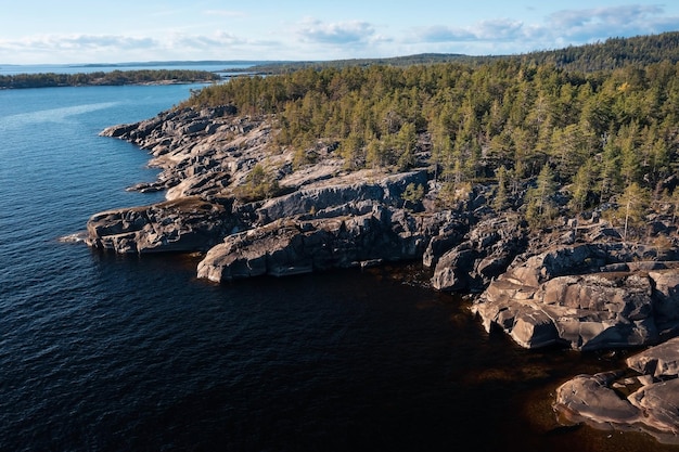 Aerial view of rocky island with jagged coastline overgrown with sparse trees Karelia Russia