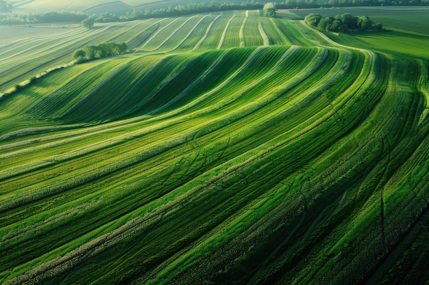 Photo aerial view of rolling green fields at dawn