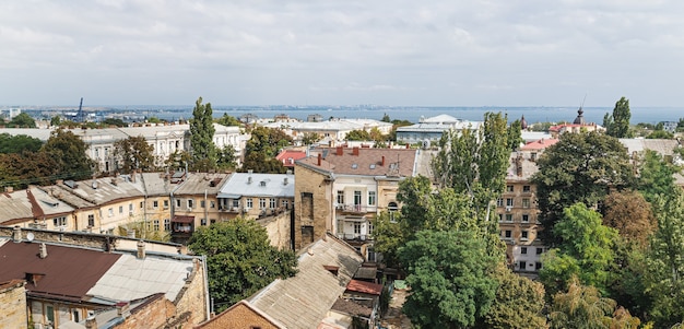 Aerial view of the roofs and old courtyards of Odessa. View of Odessa from the roof. Buildings of old city