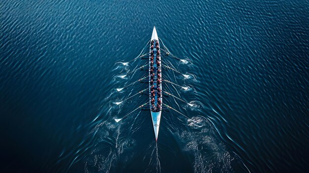 Aerial View of Rowing Team on a Boat in Deep Blue Water