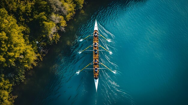 Photo aerial view of rowing team in a rowboat on a teal lake