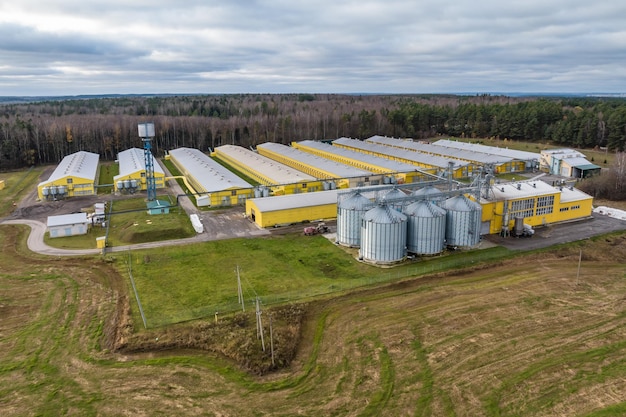 Aerial view of rows of agro farms with silos and agroindustrial livestock complex