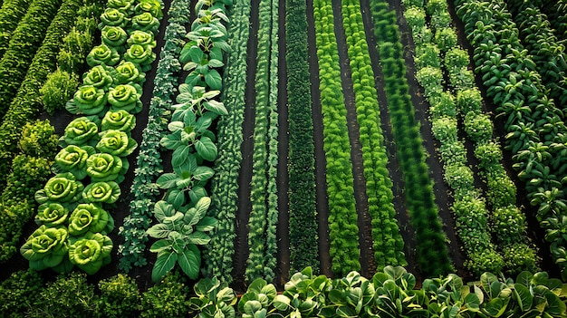 Photo aerial view of rows of various green crops in a farm field