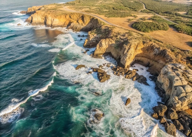 Photo an aerial view of a rugged coastline with waves crashing against the rocks with the deep blue ocean