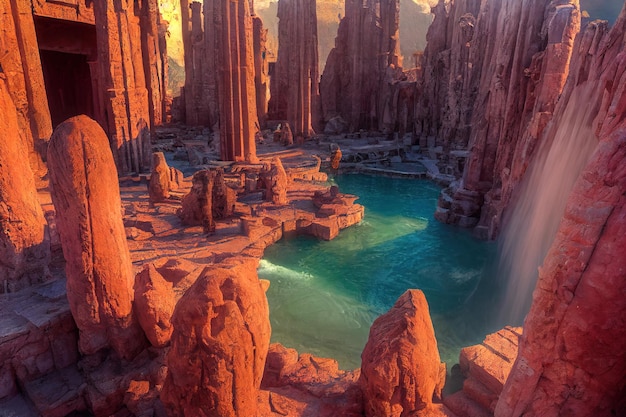 Aerial view ruined marble temple complex built in red rock canyon desert waterfall natural volumetric lighting 3D visualization