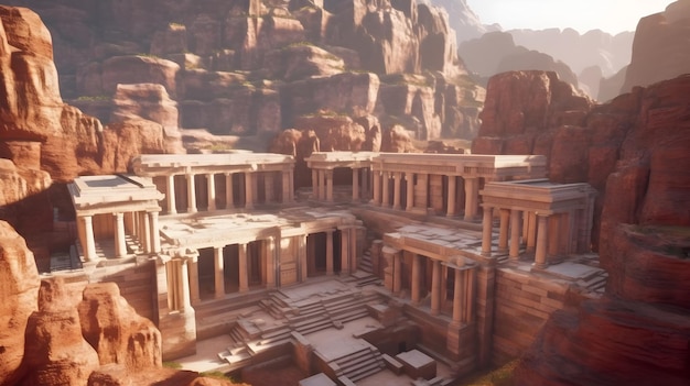 Aerial view ruined temple complex of marble built in red rock canyon arabic and gothic and star wars architecture