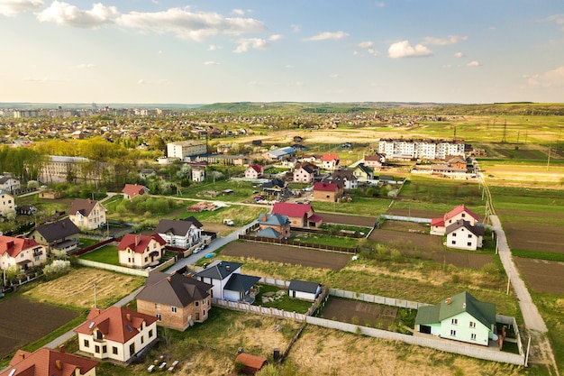 Aerial view of rural area in town with residential houses