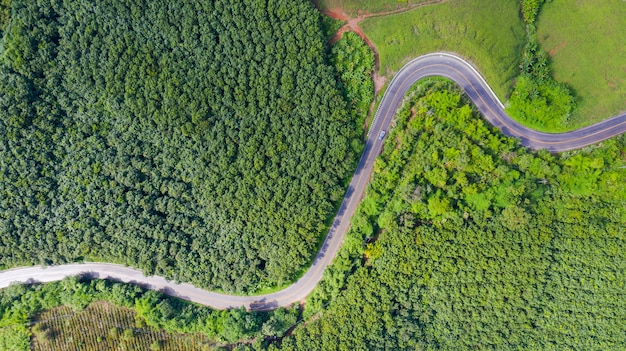 Aerial view of Rural road in countryside area, view from drone