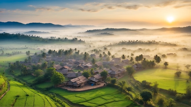 Aerial view of rural village at morning