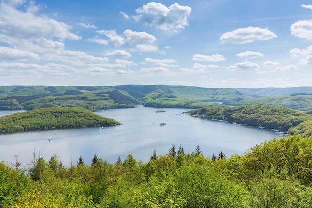 A aerial view of the Rursee lake in the Eifel nationalpark in germany. Taken outside with a 5D mark III.