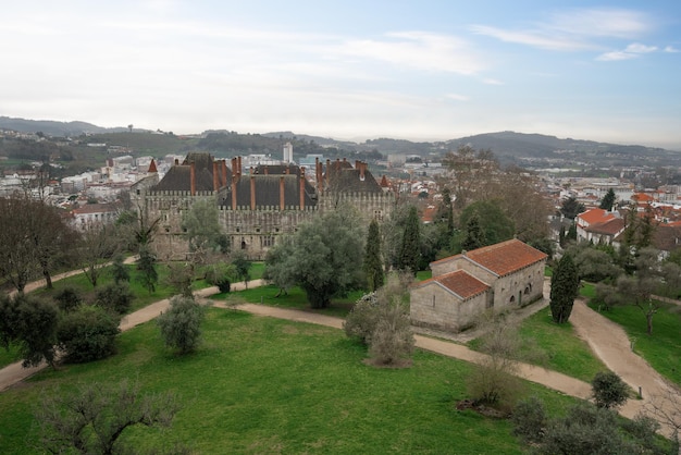 Aerial view of Sacred Hill with Palace of the Dukes of Braganza and Church of Sao Miguel do Castelo Guimaraes Portugal