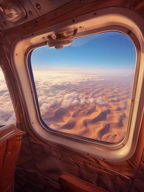 Aerial view of Sahara Desert landscape with vast sand dunes meeting clear blue sky at horizon line