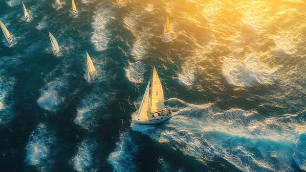 Photo an aerial view of a sailboat race