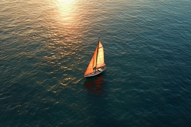 Photo aerial view of a sailboat in the sea at sunset ai generated