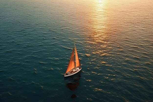 Photo aerial view of a sailboat in the sea at sunset ai generated