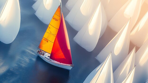 Photo an aerial view of a sailboat with red and orange sails surrounded by white sailboats