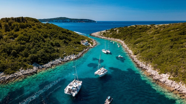 Aerial view of sailing boats in the turquoise sea in Paxos, Greece on a sunny day